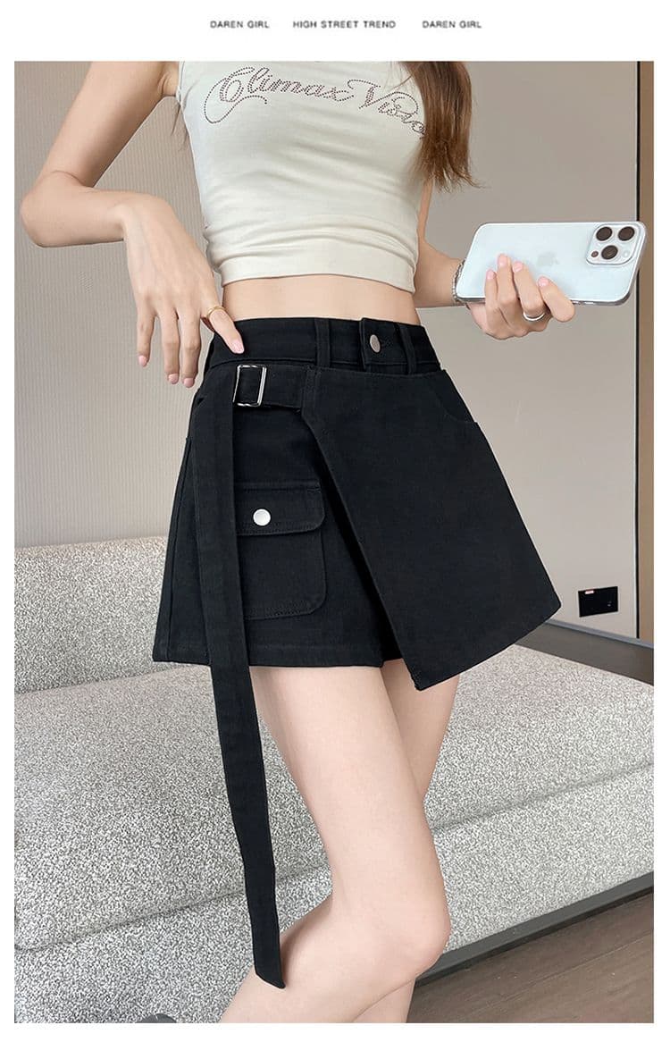 실사 여름 검정색 페이크 레이어드 데님 반바지 여성 새로운 불규칙 하이웨이스트 슬림해 보이는 한 마디 뜨거운 바지 트렌디 상세 이미지 20