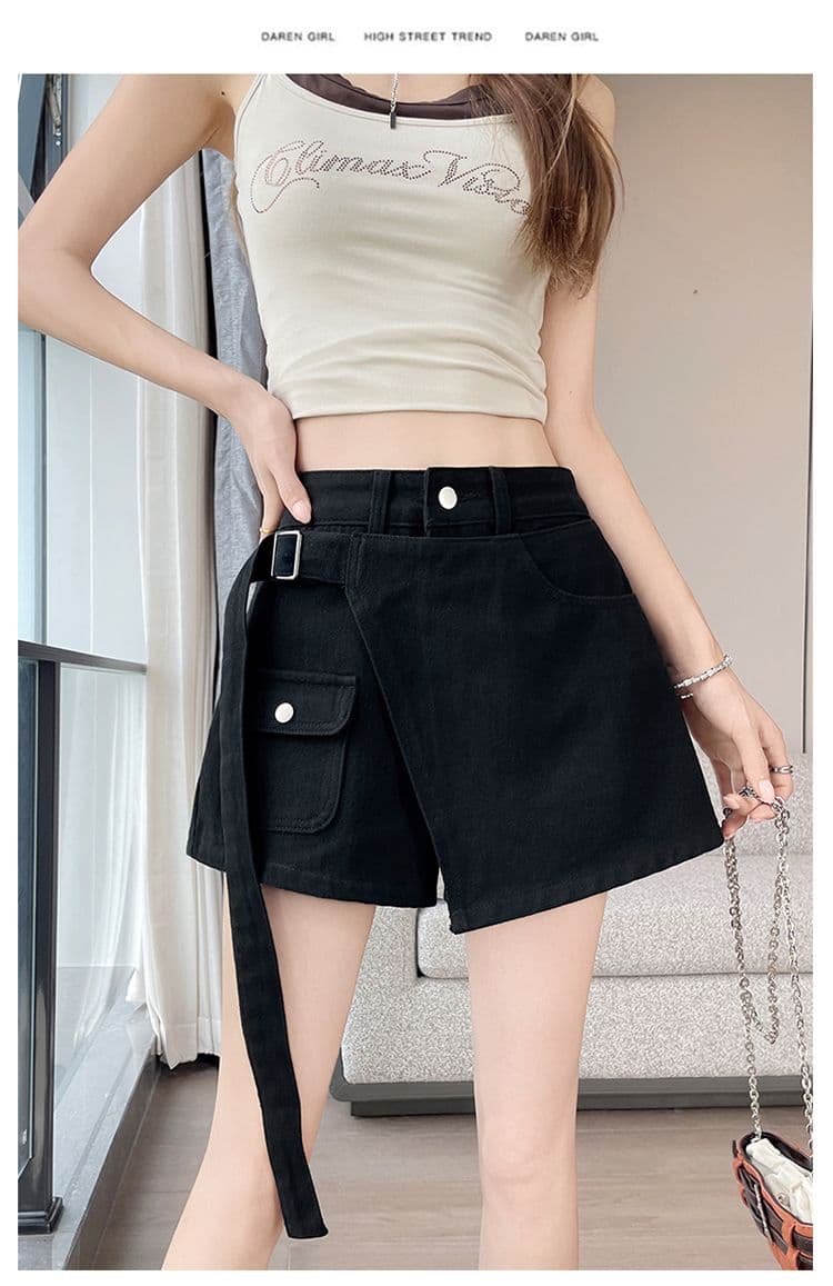 실사 여름 검정색 페이크 레이어드 데님 반바지 여성 새로운 불규칙 하이웨이스트 슬림해 보이는 한 마디 뜨거운 바지 트렌디 상세 이미지 22
