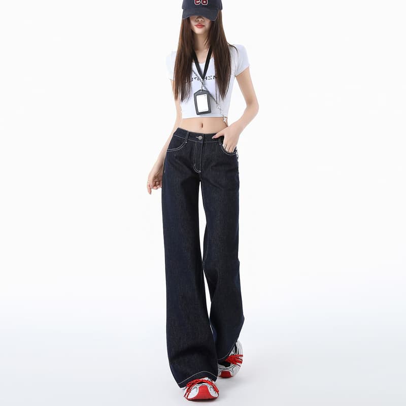 2026 여름 새로운 실사 단 닝 블루 로우 웨이스트 주간 실크 넓은 다리 청바지 여성 아메리칸 핫걸 스트레이트 부츠컷 바지 이미지 6