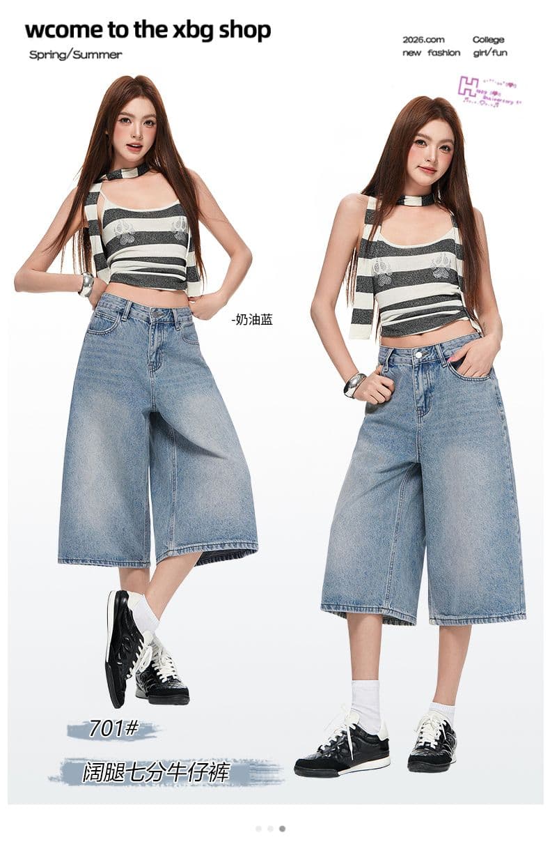 실사 레트로 블루 아메리칸 레트로 하이웨이스트 루즈핏 와이드 레그 팬츠 봄 여름 슬림해 보이는 캐주얼 7 점 데님 반바지 여성 상세 이미지 1