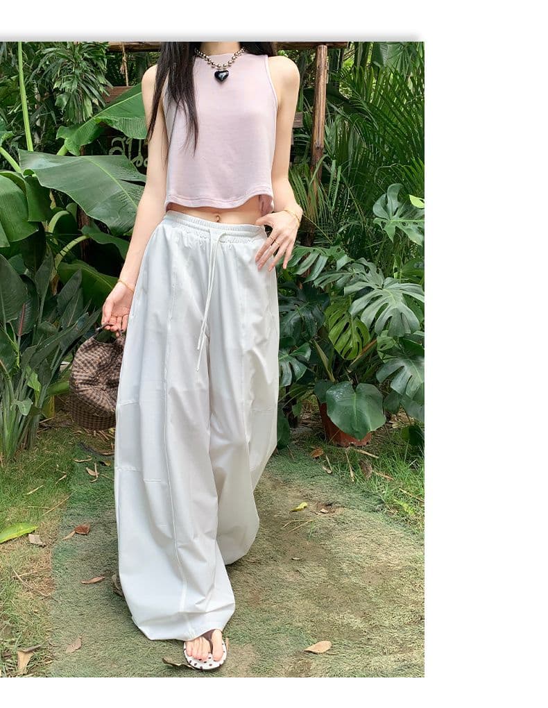 실사 2026 여름 아메리칸 캐주얼 허리밴드 펌프 로프 디자인 모통이 칼 일 와이드 다리 운동 바지 여성 상세 이미지 14