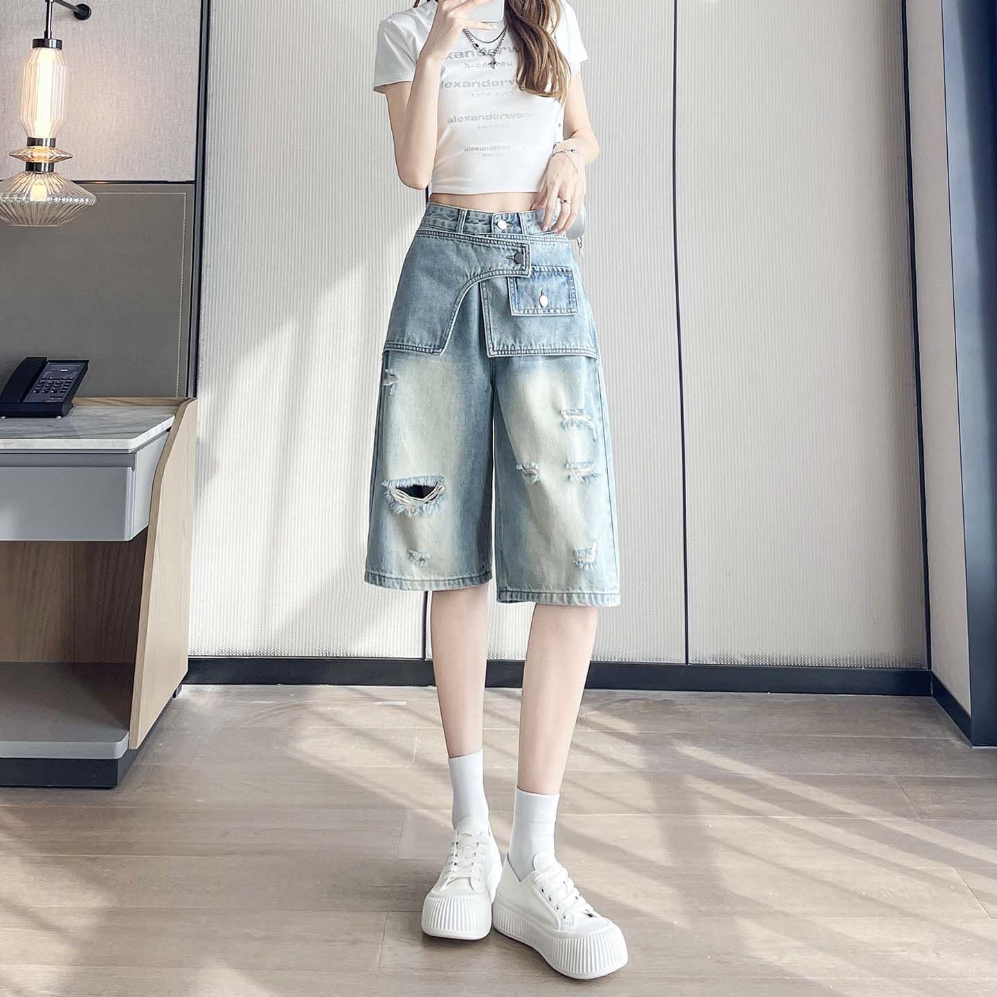 2026 여름 새로운 아메리칸 높음 거리 찢어진 부분 7 점 청바지 여성 루즈핏 슬림해 보이는 페이크 레이어드 넓은 다리 스트레이트 팬츠 이미지 2