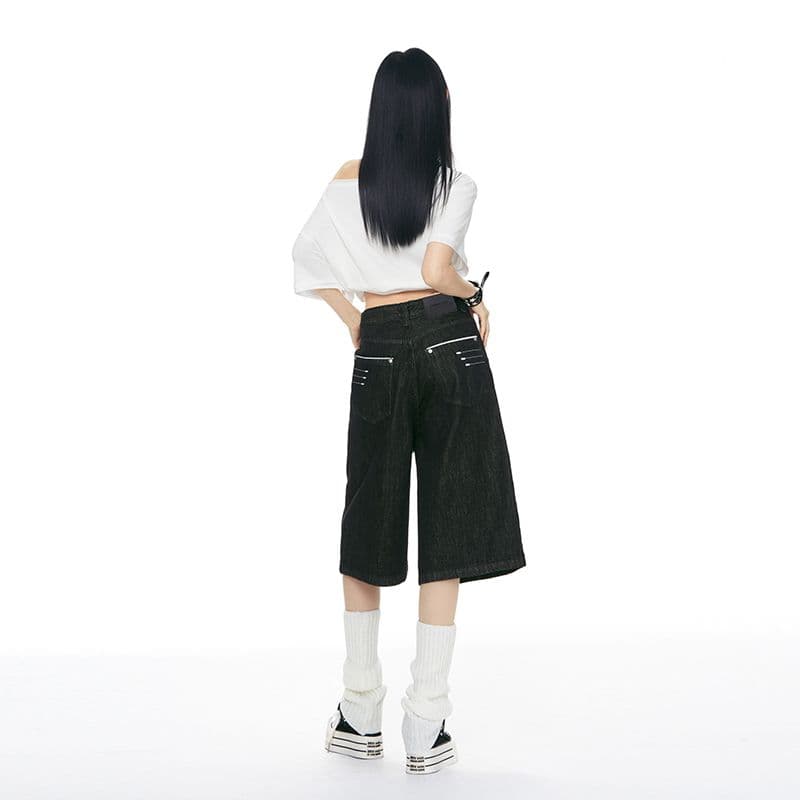 실사 여름 2026 새로운 아메리칸 레트로 검정색 7부 바지 여성 워싱 루즈핏 넓은 다리 핫걸 데님 바지 이미지 4