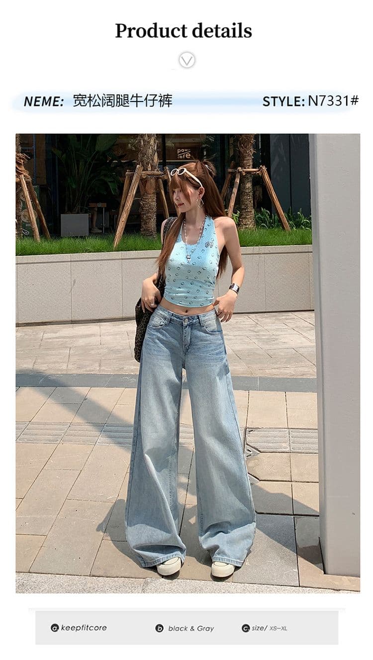 실사 2026 아메리칸 하늘색 스트레이트 청바지 여성 새로운 균열 고양이 반드시 루즈핏 넓은 다리 도루 센스 바지 상세 이미지 2