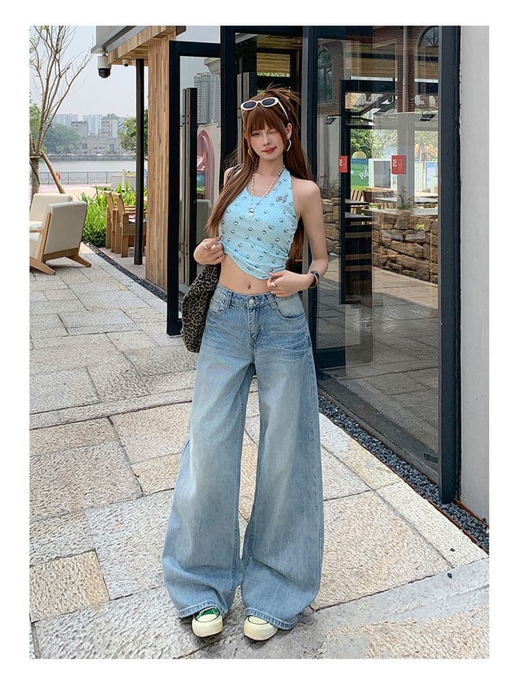실사 2026 아메리칸 하늘색 스트레이트 청바지 여성 새로운 균열 고양이 반드시 루즈핏 넓은 다리 도루 센스 바지 상세 이미지 11