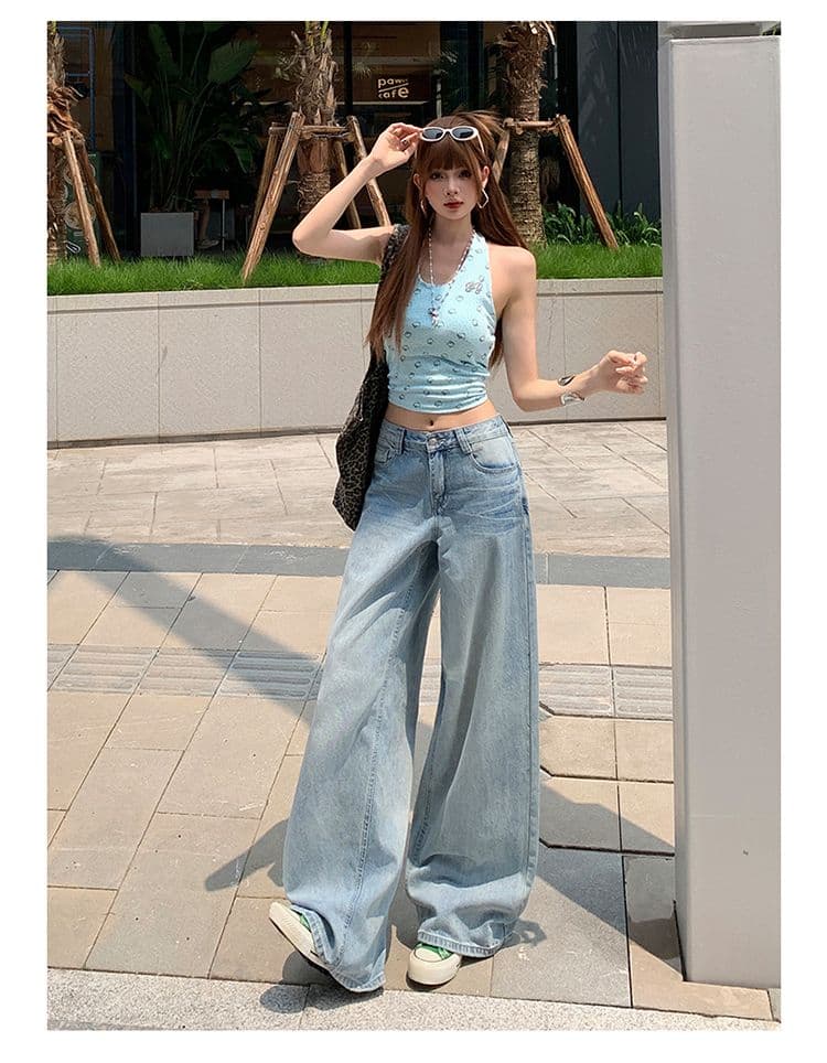 실사 2026 아메리칸 하늘색 스트레이트 청바지 여성 새로운 균열 고양이 반드시 루즈핏 넓은 다리 도루 센스 바지 상세 이미지 15
