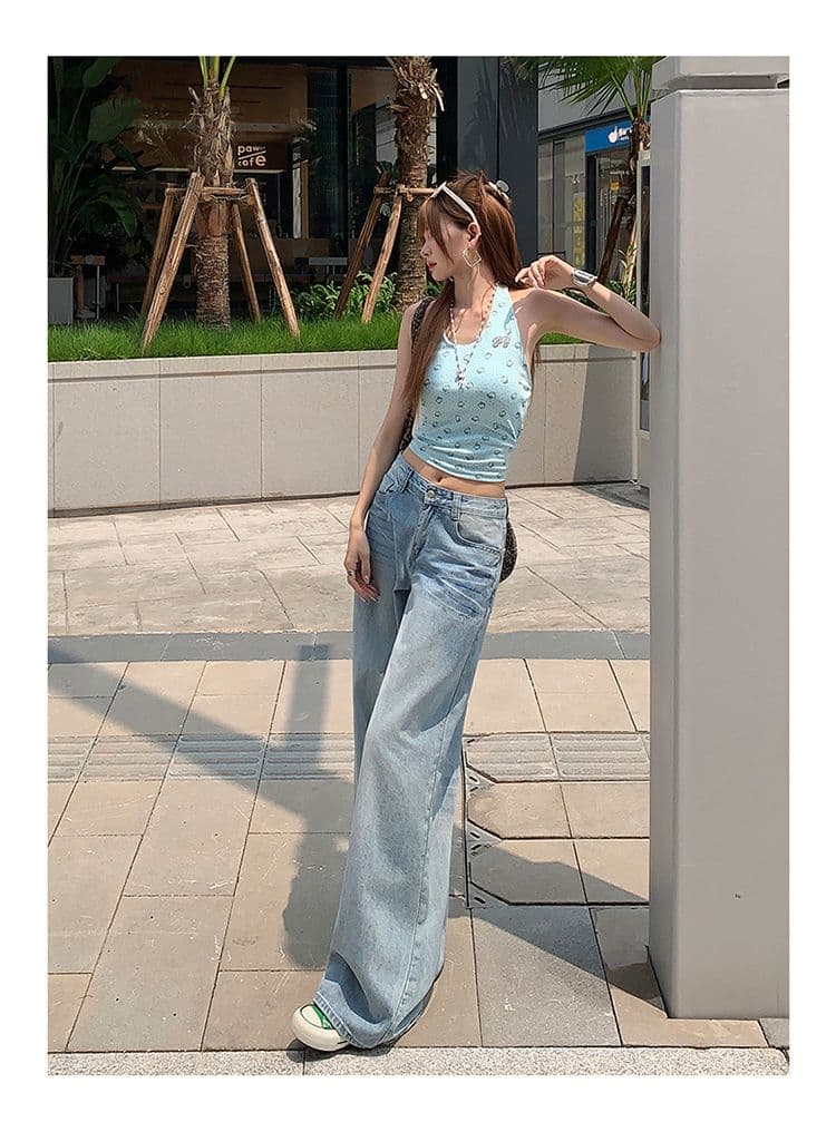 실사 2026 아메리칸 하늘색 스트레이트 청바지 여성 새로운 균열 고양이 반드시 루즈핏 넓은 다리 도루 센스 바지 상세 이미지 17