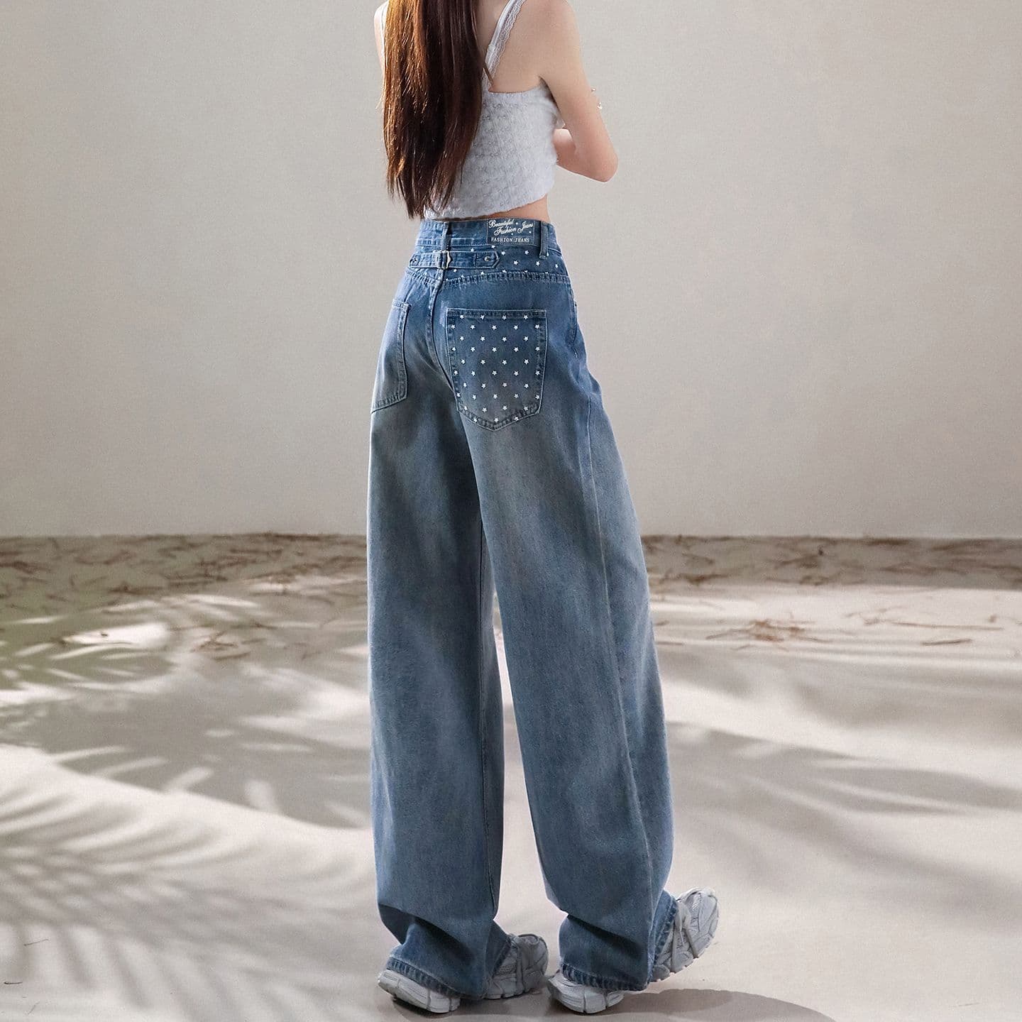 실사 디자인 센스 프린트 청바지 여성 수 있습니다. 조정 허리 루즈핏 도루 센스 넓은 다리 슬림해 보이는 다용도 스트레이트 바닥 청소 바지 이미지 6