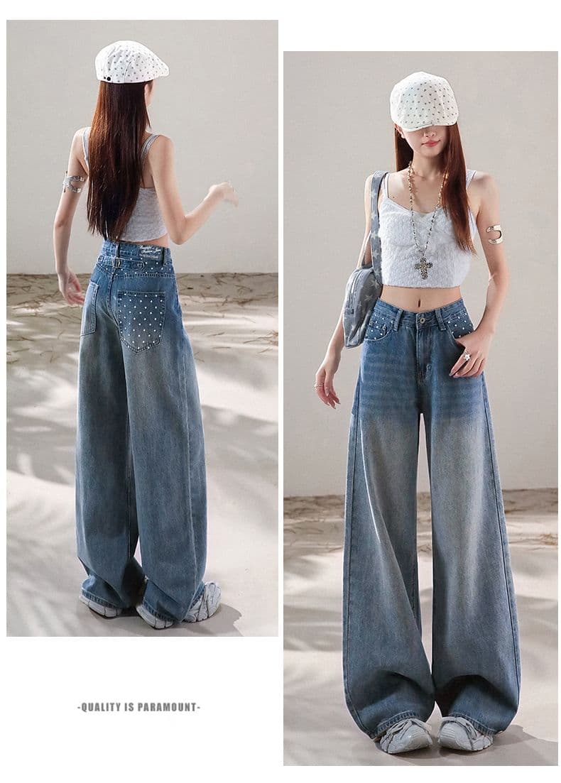 실사 디자인 센스 프린트 청바지 여성 수 있습니다. 조정 허리 루즈핏 도루 센스 넓은 다리 슬림해 보이는 다용도 스트레이트 바닥 청소 바지 상세 이미지 10