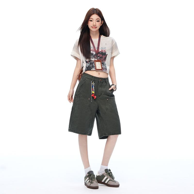 실사 2026 새로운 군용 녹색 워싱 마 오래된 기타 주머니 야외 오부 바지 캐주얼 워크웨어 반바지 이미지 2