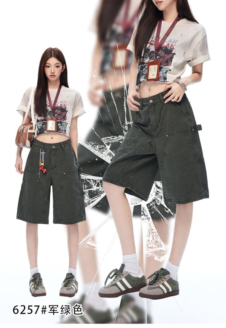 실사 2026 새로운 군용 녹색 워싱 마 오래된 기타 주머니 야외 오부 바지 캐주얼 워크웨어 반바지 상세 이미지 1