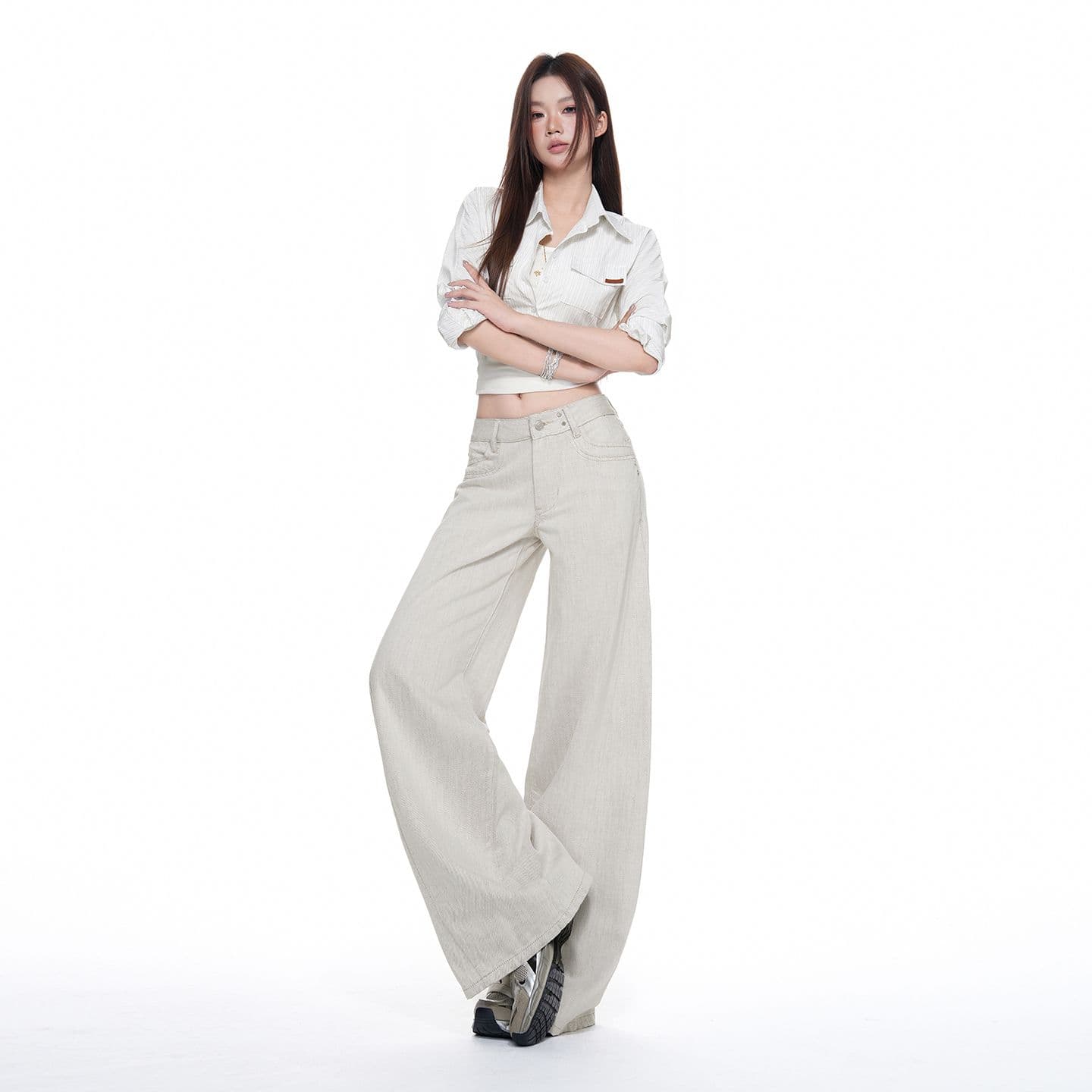 실사 2026 가을 새로운 뜨거운 판매 편안함 칙칙한 흰색 버드 나무 못 섹션 특색있는 가죽 카드 미니멀리즘 캐주얼 와이드 레깅스 바지 이미지 2
