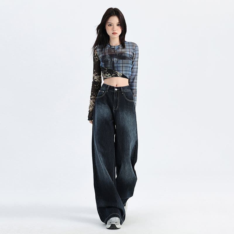 실사 2026 년 새로운 가을 아메리칸 레트로 어두운 색 넓은 다리 스트레이트 청바지 여성 느긋한 루즈핏 바닥 청소 바지 이미지 3