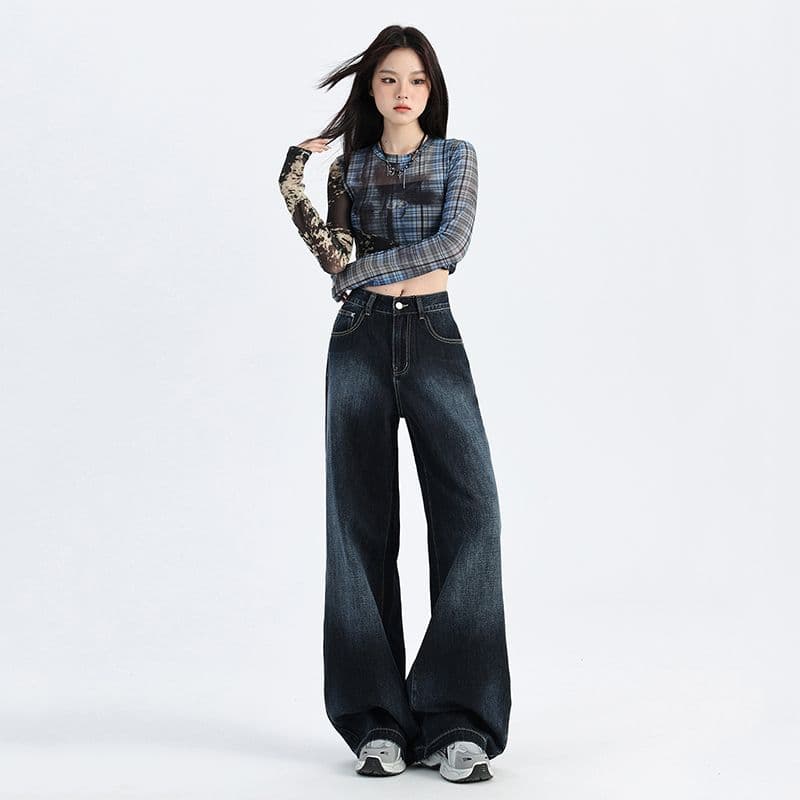 실사 2026 년 새로운 가을 아메리칸 레트로 어두운 색 넓은 다리 스트레이트 청바지 여성 느긋한 루즈핏 바닥 청소 바지 이미지 2