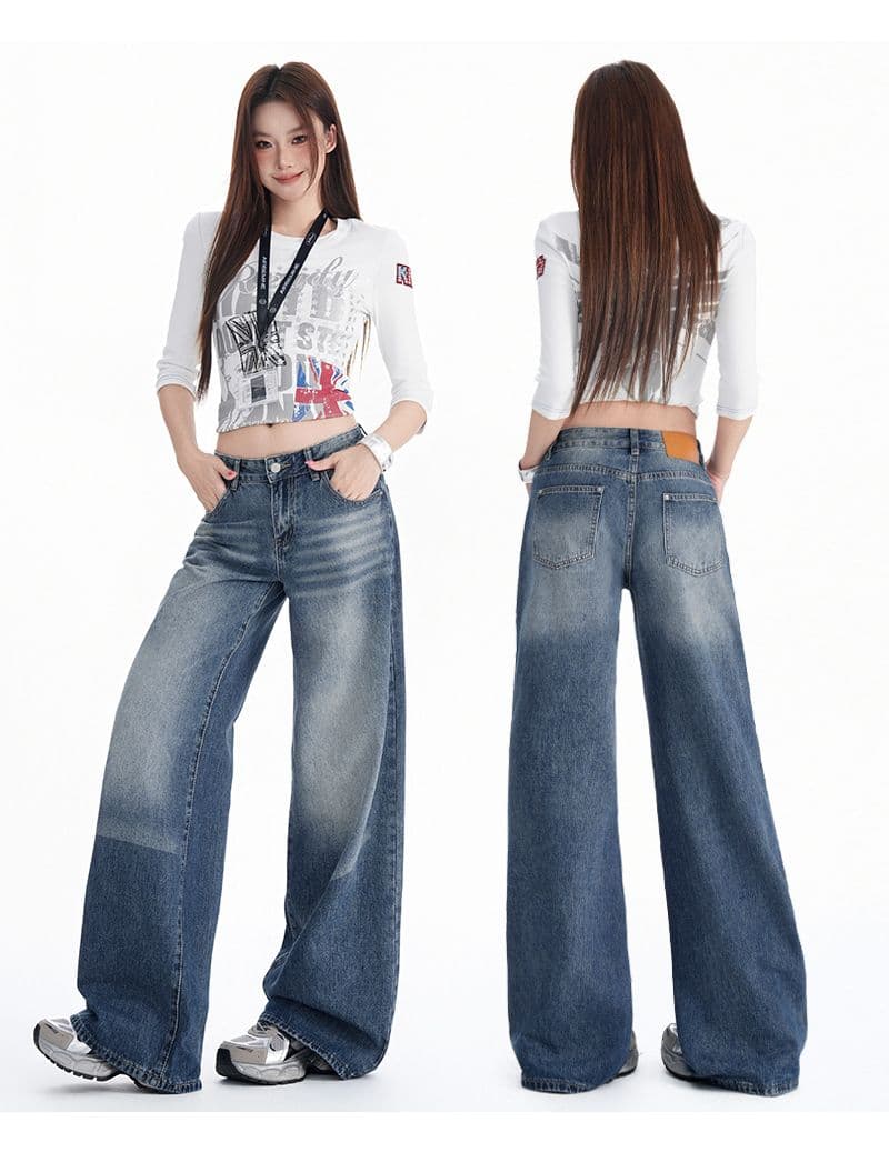 실사 2026 아메리칸 레트로 마 오래된 워시 물 루즈핏 스트레이트 넓은 다리 청바지 여성 상세 이미지 7