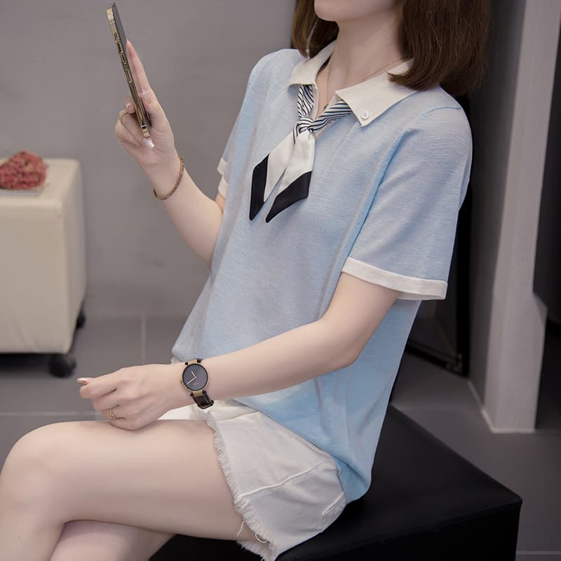 2026 여름 베이비 칼라 스카프 대나무 마디 마 니트 스웨터 맨위 빅 사이즈 여성 의류 마이크로 지방 mm 루즈핏 반팔 티셔츠