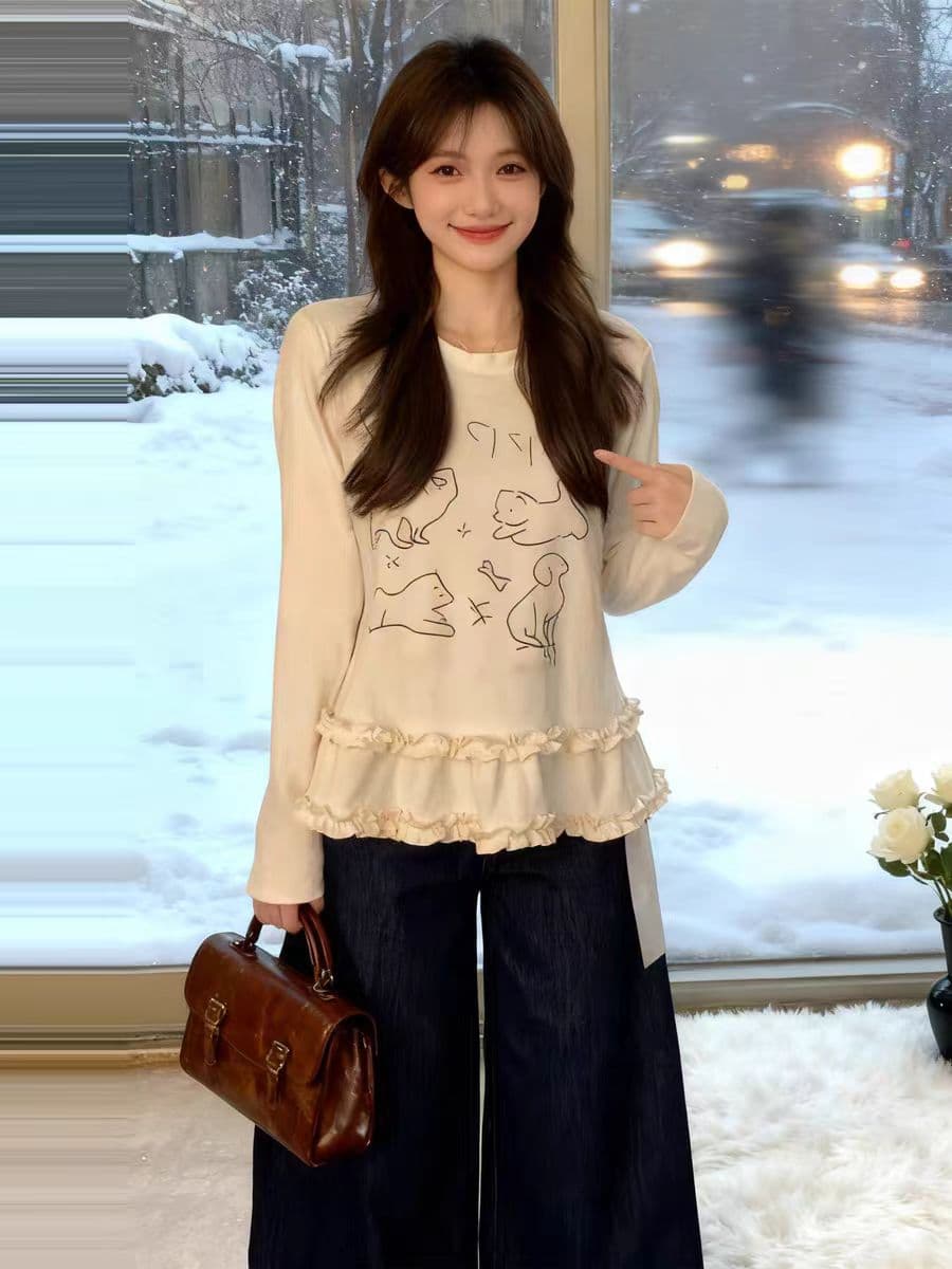 빅 사이즈 프랑스식 만화 프린트 긴팔 티셔츠 여성 봄 가을 지방 mm 슬림해 보이는 프릴 패치워크 순수한 욕망 바람 맨위 ins 이미지 3