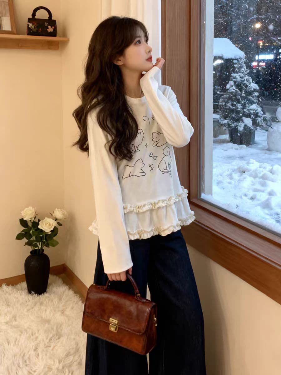 빅 사이즈 프랑스식 만화 프린트 긴팔 티셔츠 여성 봄 가을 지방 mm 슬림해 보이는 프릴 패치워크 순수한 욕망 바람 맨위 ins 이미지 2