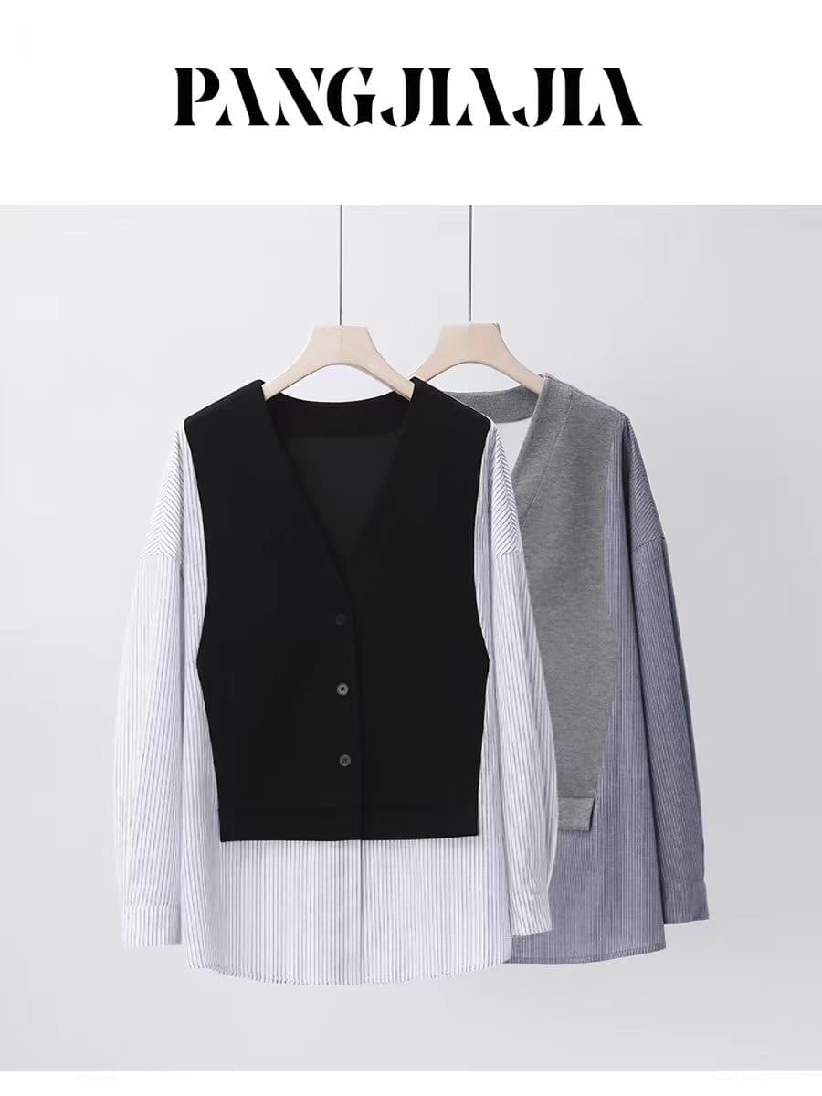 지방 지아 지아 통통한 여동생 mm 빅 사이즈 여성 의류 느슨함 인생 셔츠 페이크 레이어드 스트라이프 패치워크 배색 맨위 이미지 3