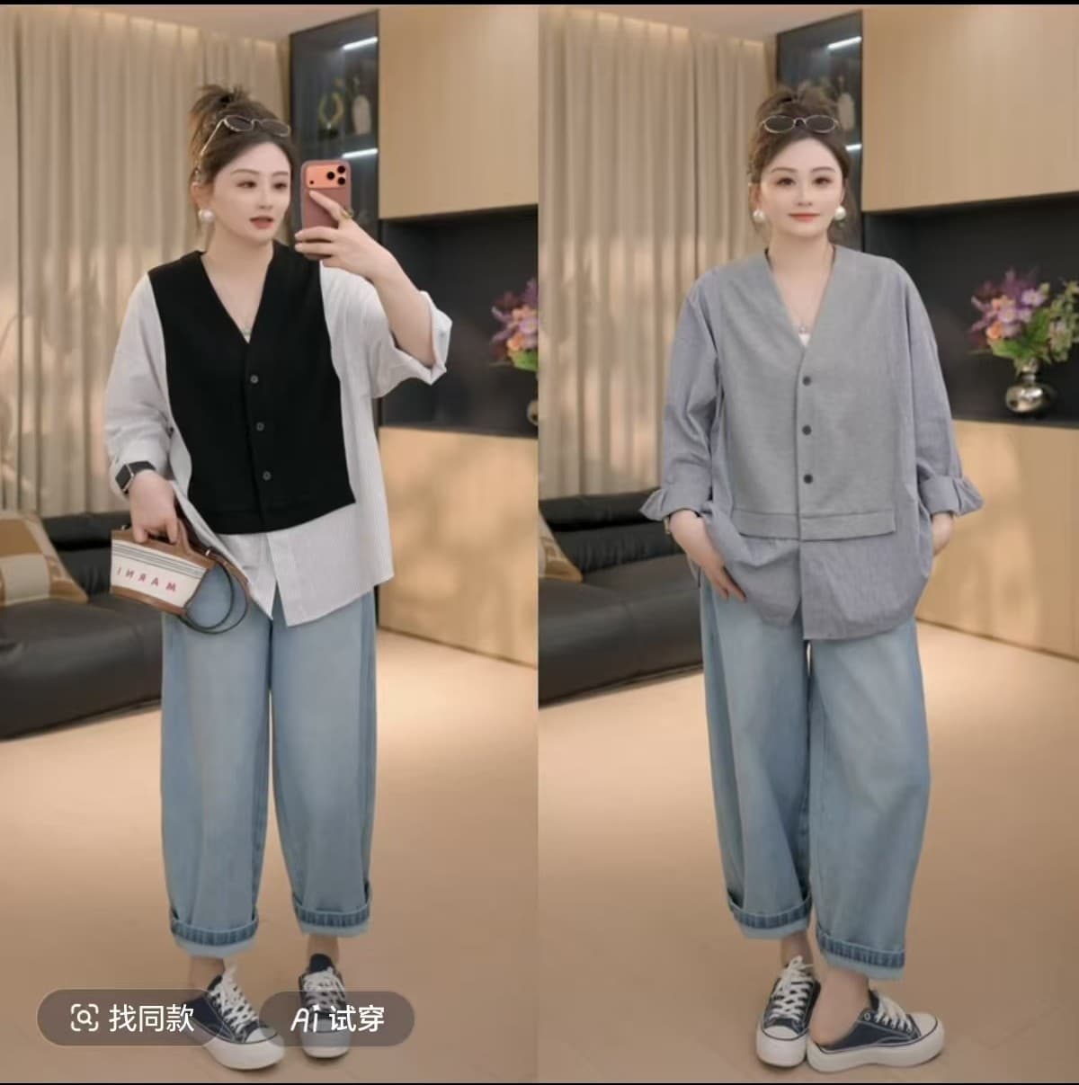 지방 지아 지아 통통한 여동생 mm 빅 사이즈 여성 의류 느슨함 인생 셔츠 페이크 레이어드 스트라이프 패치워크 배색 맨위 상세 이미지 1
