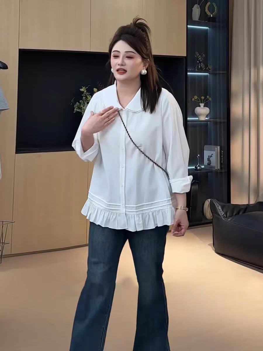 지방 지아 지아 통통한 여동생 mm 빅 사이즈 여성 의류 치마 셔츠 봄 연령 감소 베이비 칼라 루즈핏 긴팔 셔츠 이미지 3