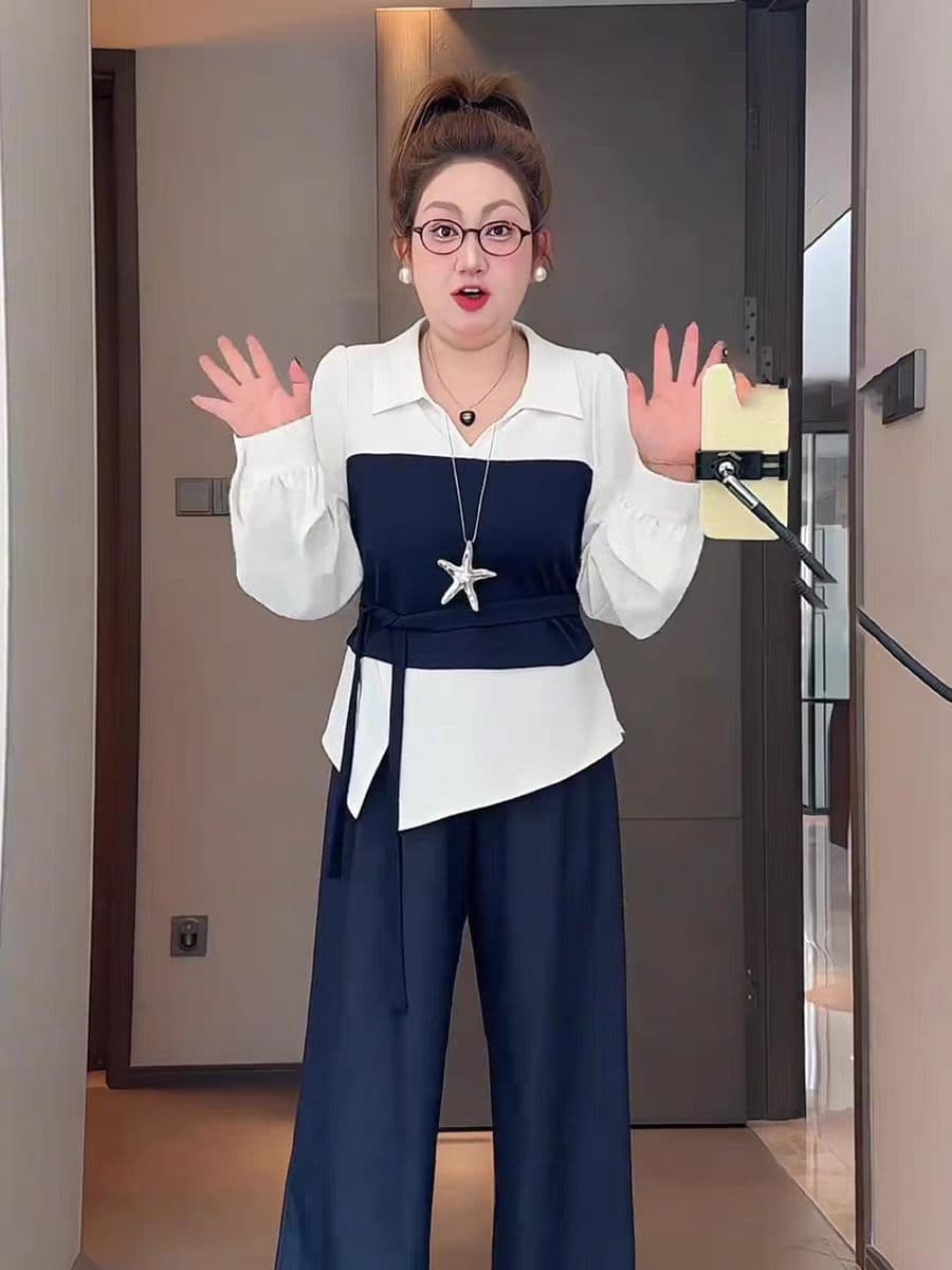 빅 사이즈 프랑스식 품격 배색 긴팔 여성 셔츠 봄 가을 지방 mm 슬림해 보이는 페이크 레이어드 품격 몸매 가꾸기 스트랩 맨위 이미지 3