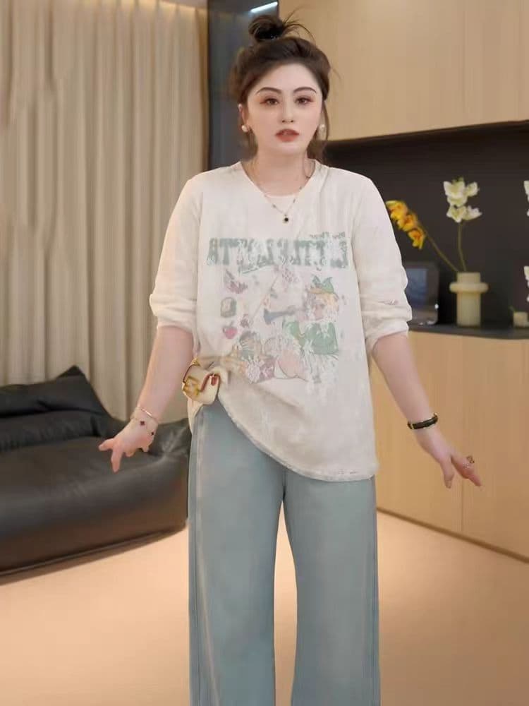 지방 좋은 빅 사이즈 디자인 센스 레이스 프린트 긴팔 티셔츠 여성 봄 지방 mm 루즈핏 슬림해 보이는 아름다운 인사이드 잡아라. 의류 이미지 2