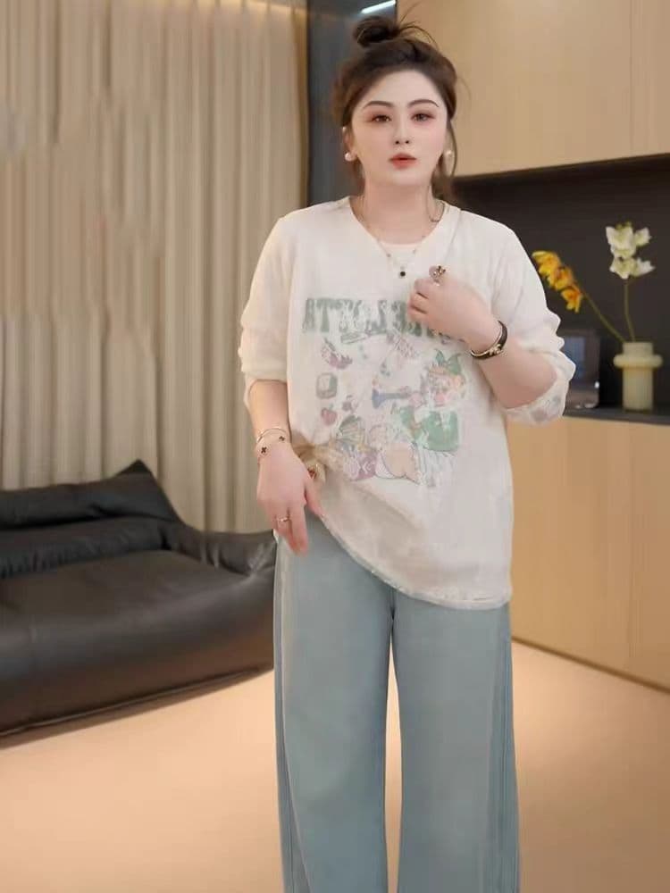 지방 좋은 빅 사이즈 디자인 센스 레이스 프린트 긴팔 티셔츠 여성 봄 지방 mm 루즈핏 슬림해 보이는 아름다운 인사이드 잡아라. 의류 이미지 4