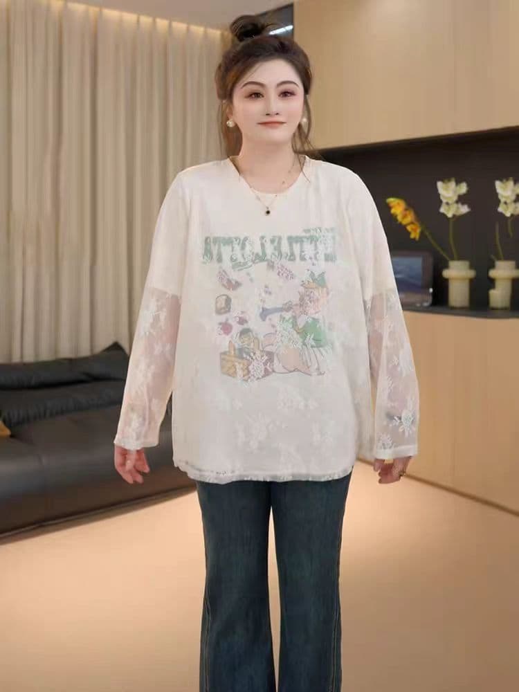 지방 좋은 빅 사이즈 디자인 센스 레이스 프린트 긴팔 티셔츠 여성 봄 지방 mm 루즈핏 슬림해 보이는 아름다운 인사이드 잡아라. 의류 상세 이미지 1