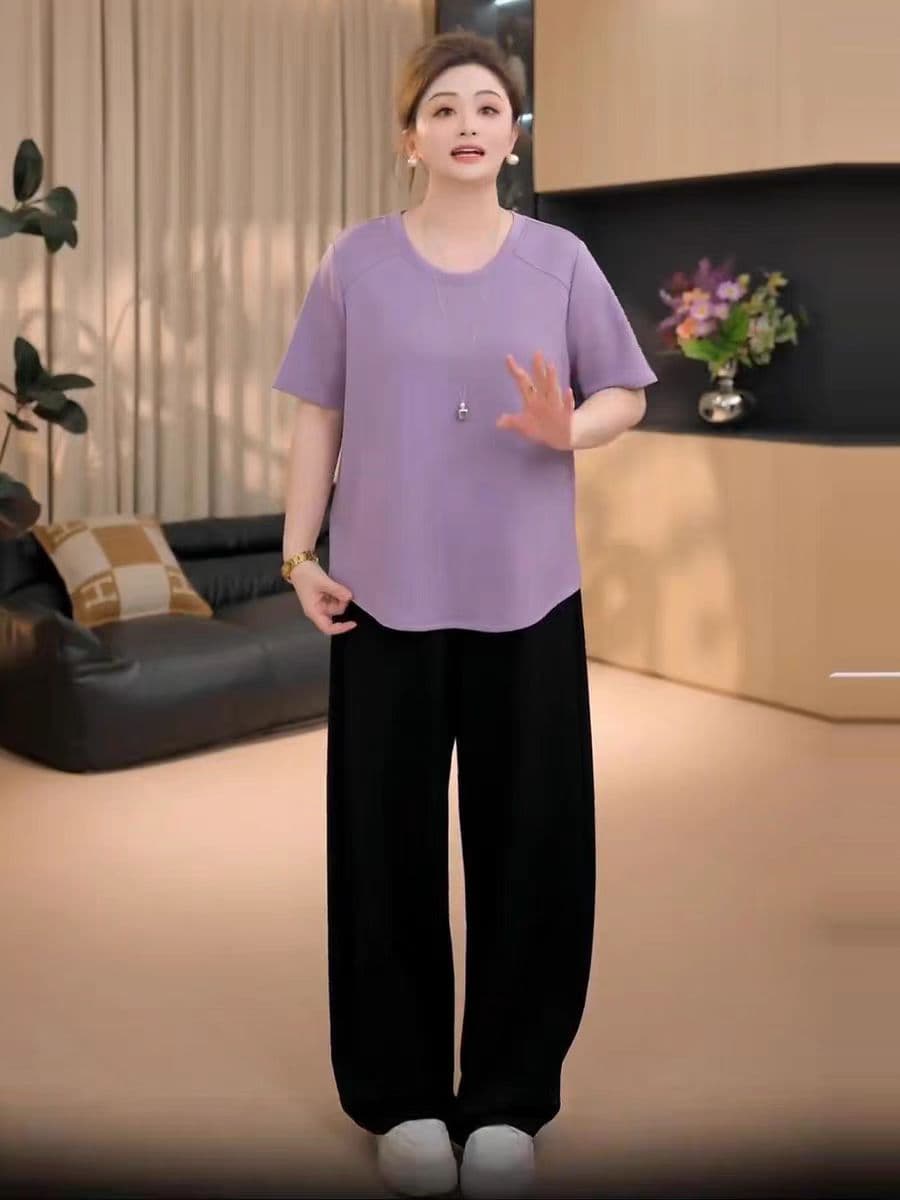 지아 지아 빅 사이즈 여성 의류 라운드 넥 루즈핏 단색 긍정적 인 어깨 반팔 티셔츠 여성 여름 지방 mm 표지 배 자이언트 슬림해 보이는 맨위 이미지 3