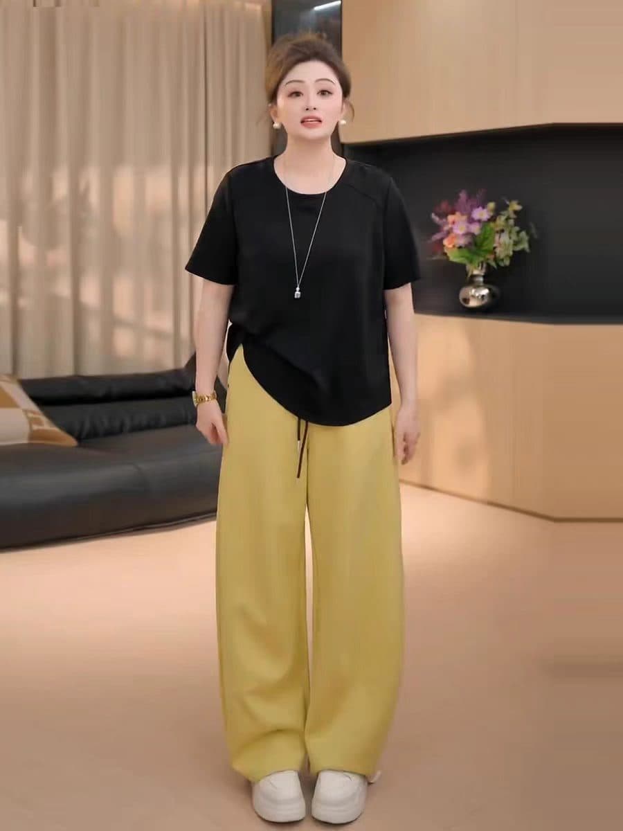 지아 지아 빅 사이즈 여성 의류 라운드 넥 루즈핏 단색 긍정적 인 어깨 반팔 티셔츠 여성 여름 지방 mm 표지 배 자이언트 슬림해 보이는 맨위 이미지 4