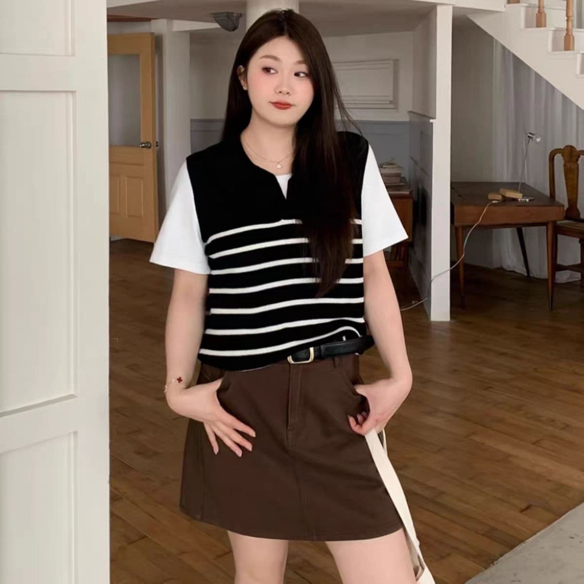 빅 사이즈 여성 의류 배색 스트라이프 POLO 칼라 반팔 니트 티셔츠 2026 여름 지방 mm 패치워크 페이크 레이어드 맨위 이미지 3