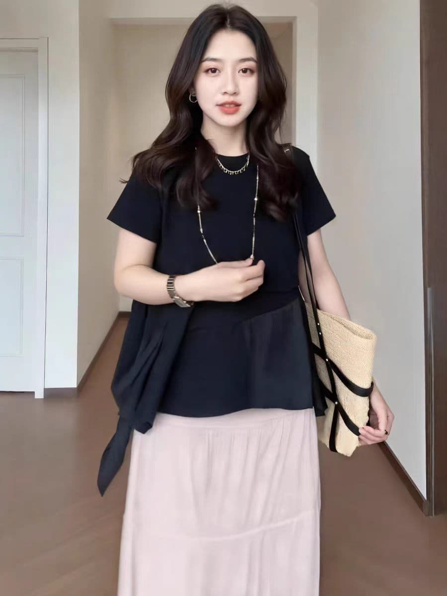 빅 사이즈 한 부서 품격 검정색 프릴 반팔 티셔츠 여성 여름 지방 mm 루즈핏 슬림해 보이는 표지 고기 다용도 맨위 이미지 4
