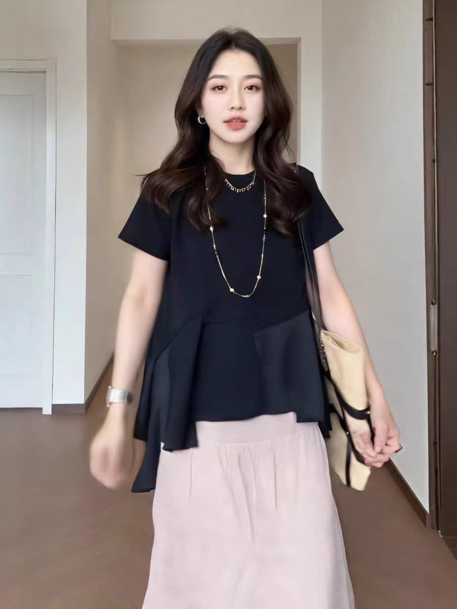빅 사이즈 한 부서 품격 검정색 프릴 반팔 티셔츠 여성 여름 지방 mm 루즈핏 슬림해 보이는 표지 고기 다용도 맨위 이미지 2