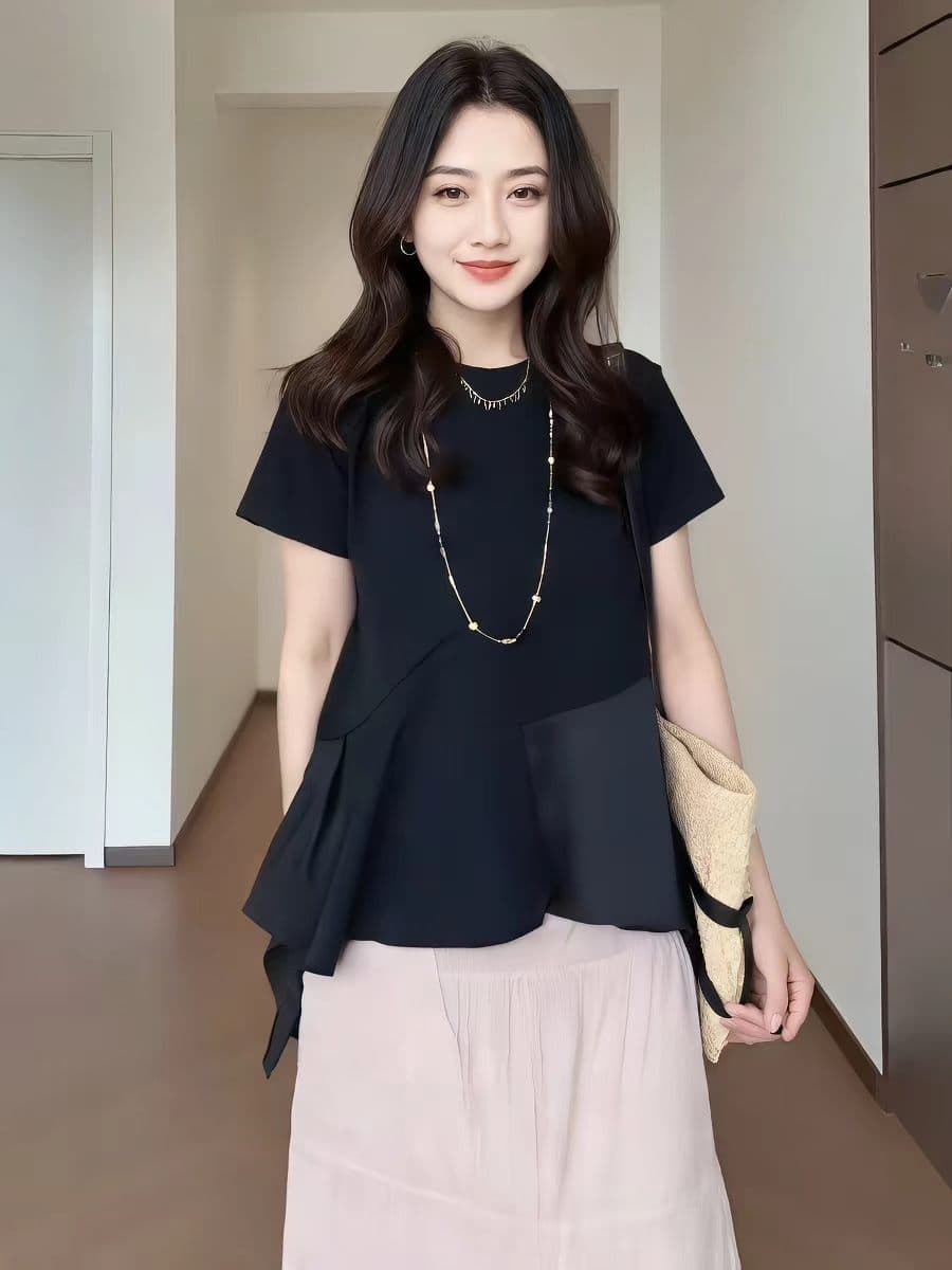 빅 사이즈 한 부서 품격 검정색 프릴 반팔 티셔츠 여성 여름 지방 mm 루즈핏 슬림해 보이는 표지 고기 다용도 맨위 이미지 3