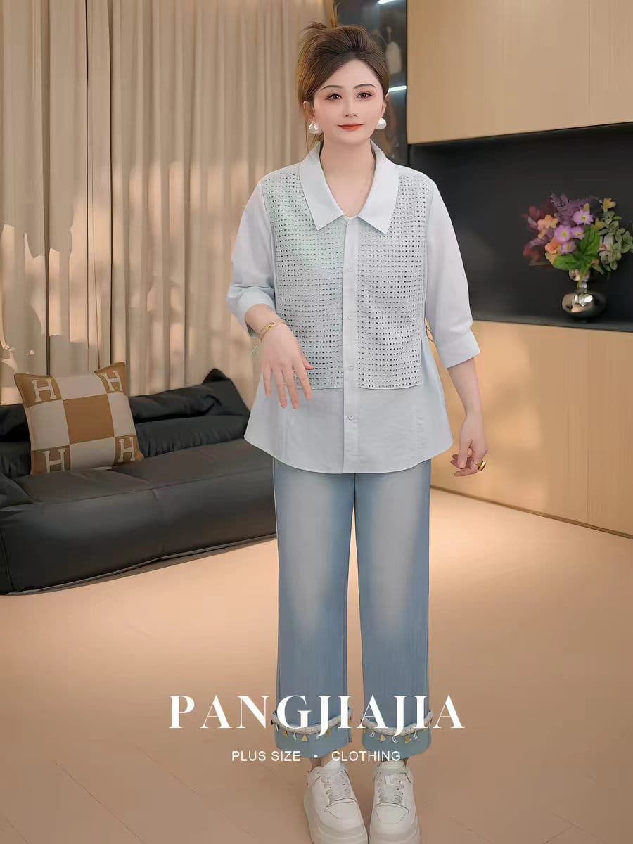 지방 지아 지아 지방 mm 빅 사이즈 여성 의류 시 드니 해안 페이크 레이어드 홀로우 아웃 레이스 조각 셔츠 여름 셔츠 상세 이미지 1