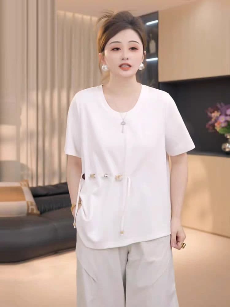 지방 지아 지아 지방 mm 빅 사이즈 여성 의류 릴리 티셔츠 여름 새로운 품격 슬림해 보이는 다용도 허리 수축 맨위 상세 이미지 3