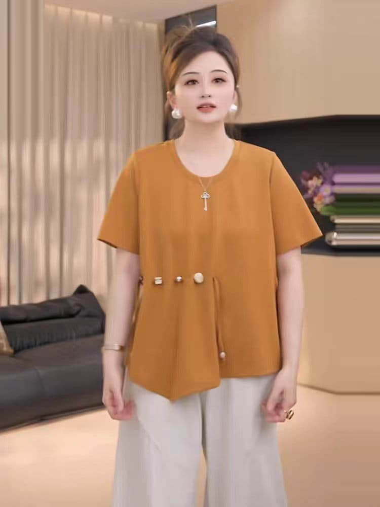 지방 지아 지아 지방 mm 빅 사이즈 여성 의류 릴리 티셔츠 여름 새로운 품격 슬림해 보이는 다용도 허리 수축 맨위 상세 이미지 4