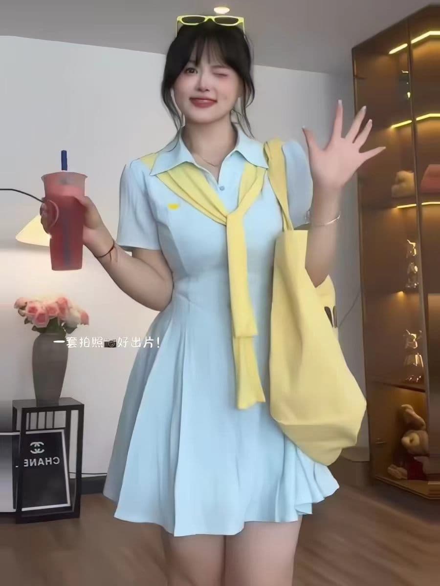 빅 사이즈 마이크로 지방 파란색 여성 드레스 여름 지방 mm 슬림해 보이는 소금 부서 한 마디 공주 명문 여성 귀여운 순수한 치마 상세 이미지 1