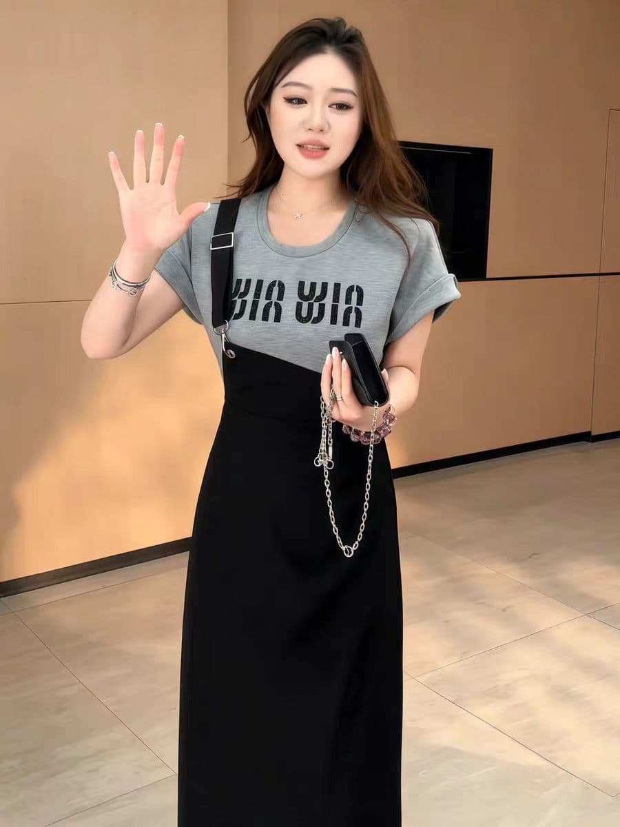 키키 이상한 빅 사이즈 여성 의류 회색 조정 일기 배색 패치워크 페이크 레이어드 반팔 드레스 qq260324 상세 이미지 1