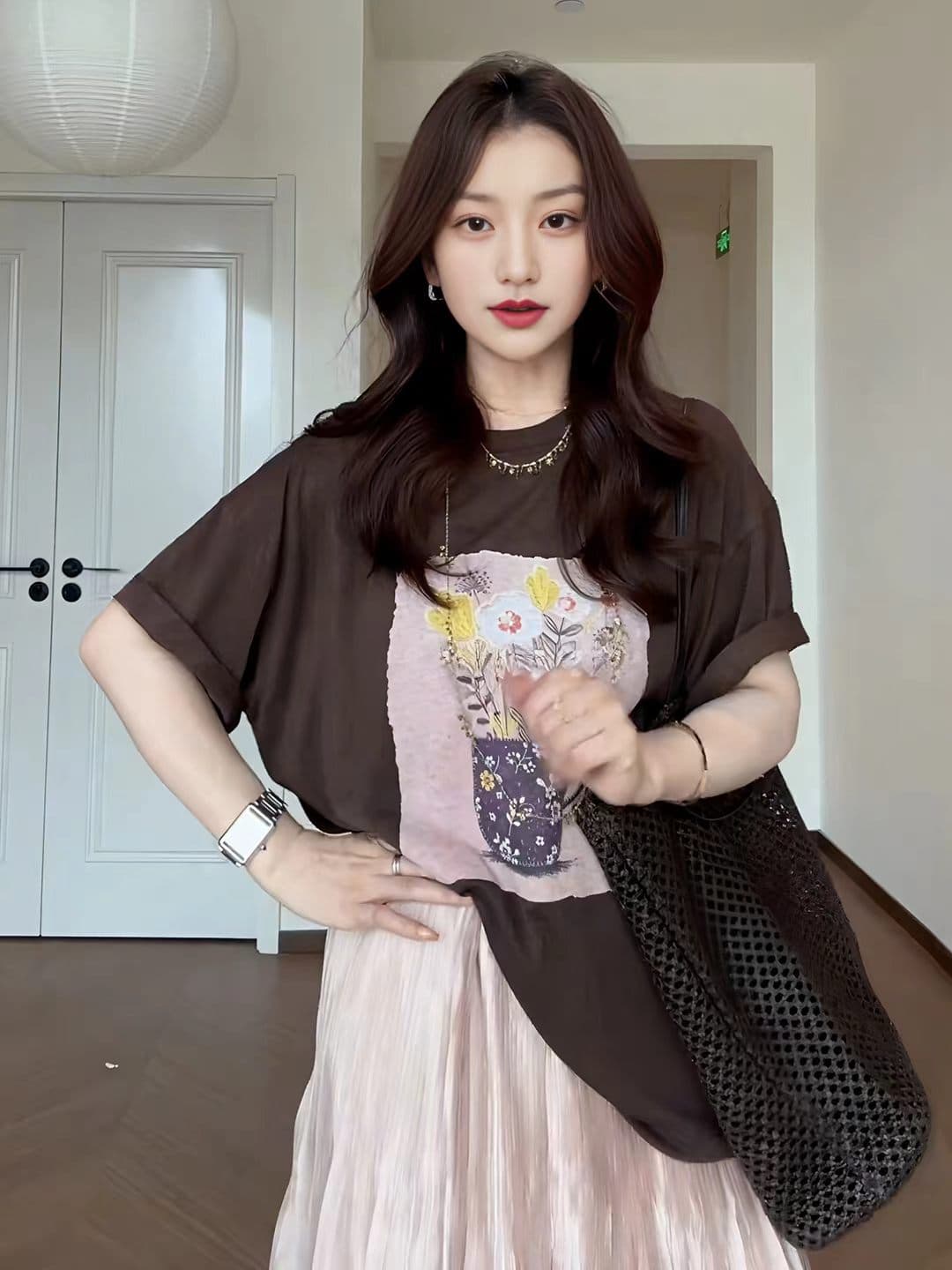 빅 사이즈 한 부서 라운드 넥 프린트 커피 색상 반팔 티셔츠 여성 여름 새로운 지방 mm 슬림해 보이는 루즈핏 느긋한 바람 맨위 이미지 3
