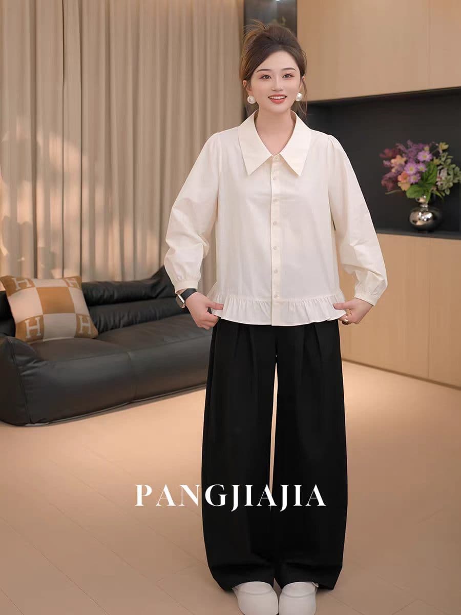 지방 지아 지아 한 부서 여성 주님 순면 셔츠 가을 폴로 칼라 프릴 빅 사이즈 루즈핏 긴팔 셔츠 여성 이미지 2