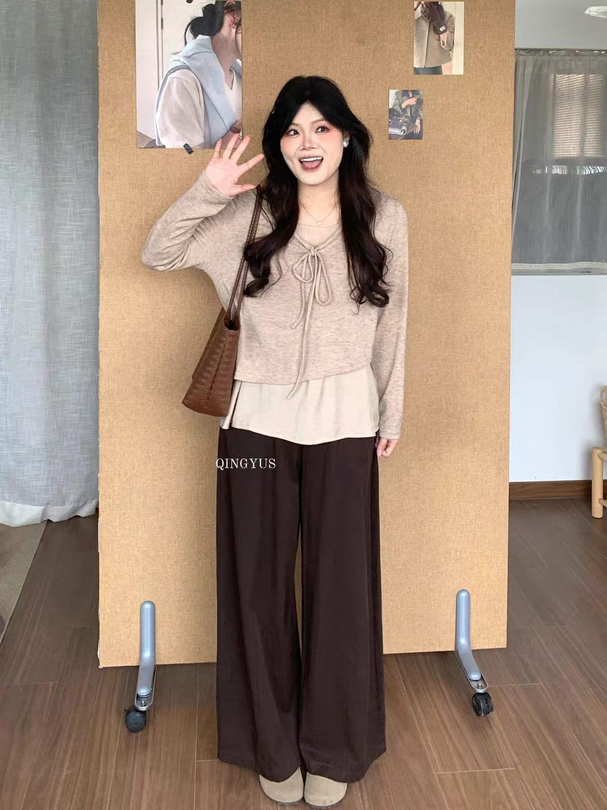 마이크로 지방 빅 사이즈 초기 가을 한 부서 품격 연령 감소 수준 디자인 센스 배색 페이크 레이어드 긴팔 티셔츠 이미지 4