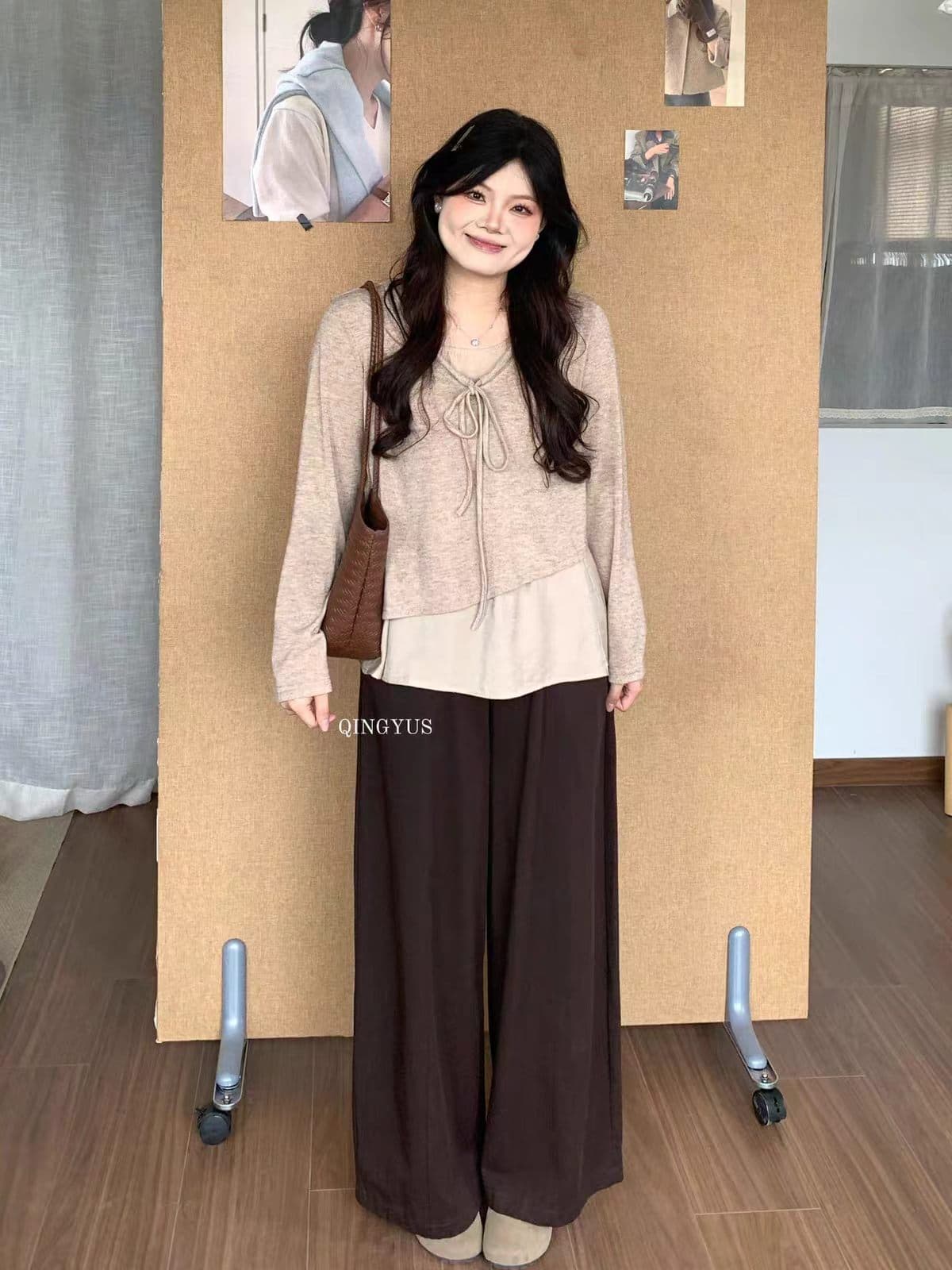 마이크로 지방 빅 사이즈 초기 가을 한 부서 품격 연령 감소 수준 디자인 센스 배색 페이크 레이어드 긴팔 티셔츠 상세 이미지 1