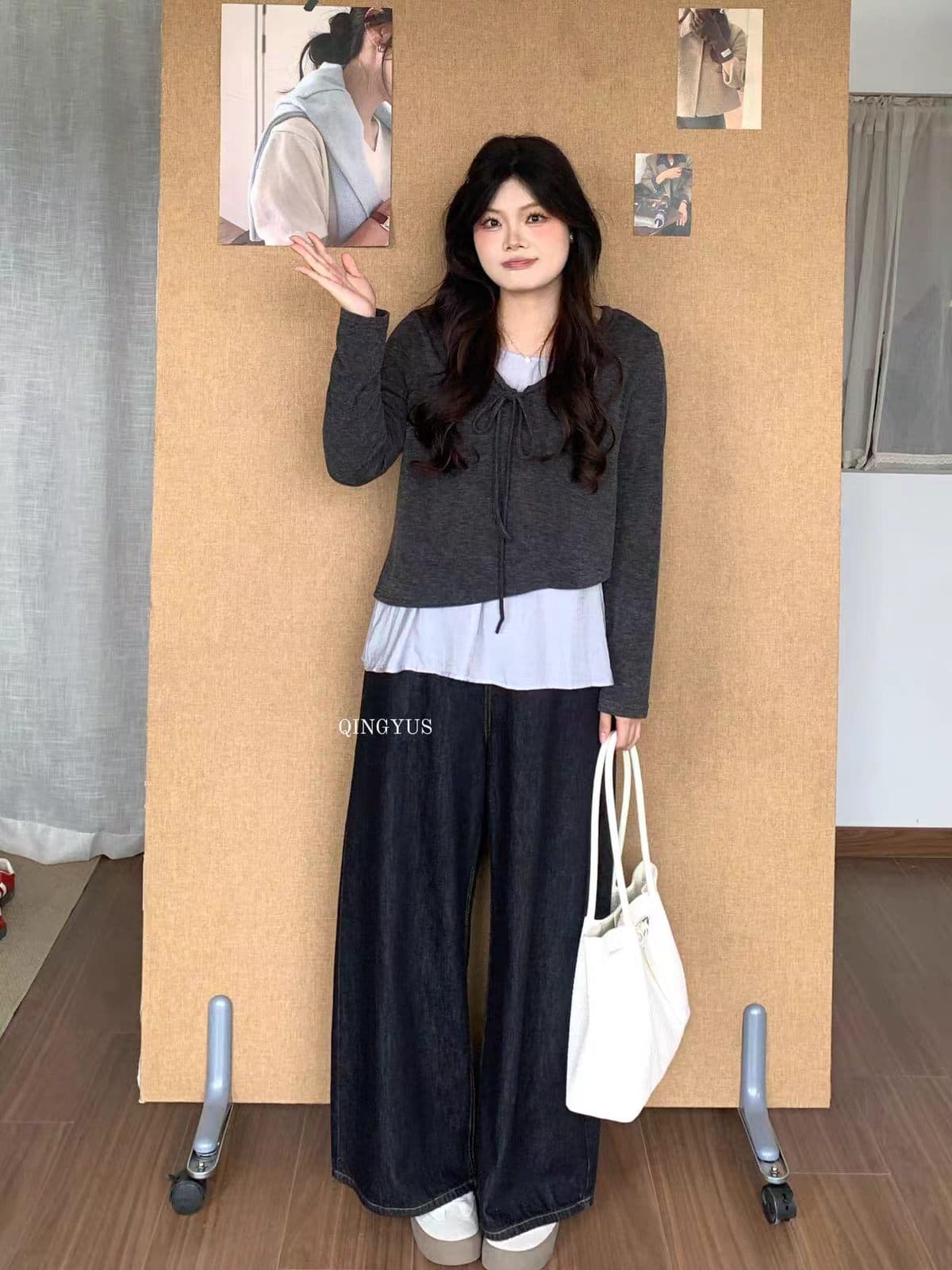 마이크로 지방 빅 사이즈 초기 가을 한 부서 품격 연령 감소 수준 디자인 센스 배색 페이크 레이어드 긴팔 티셔츠 상세 이미지 2