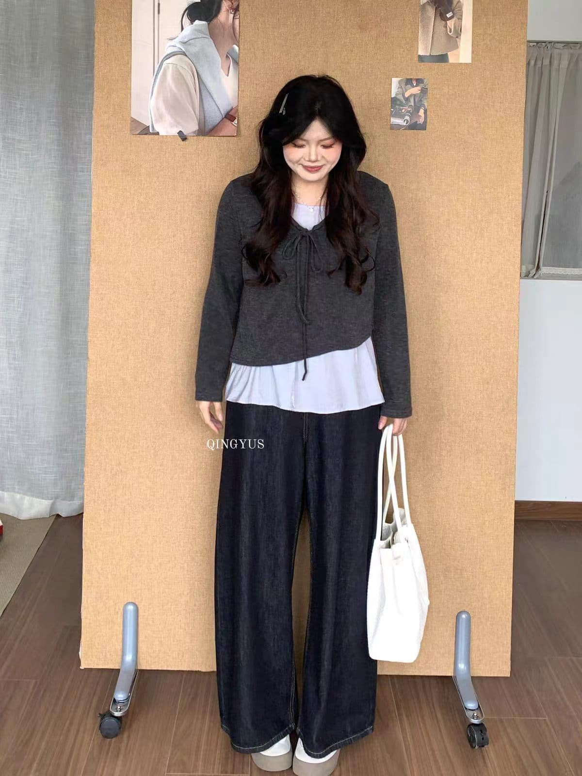 마이크로 지방 빅 사이즈 초기 가을 한 부서 품격 연령 감소 수준 디자인 센스 배색 페이크 레이어드 긴팔 티셔츠 상세 이미지 4