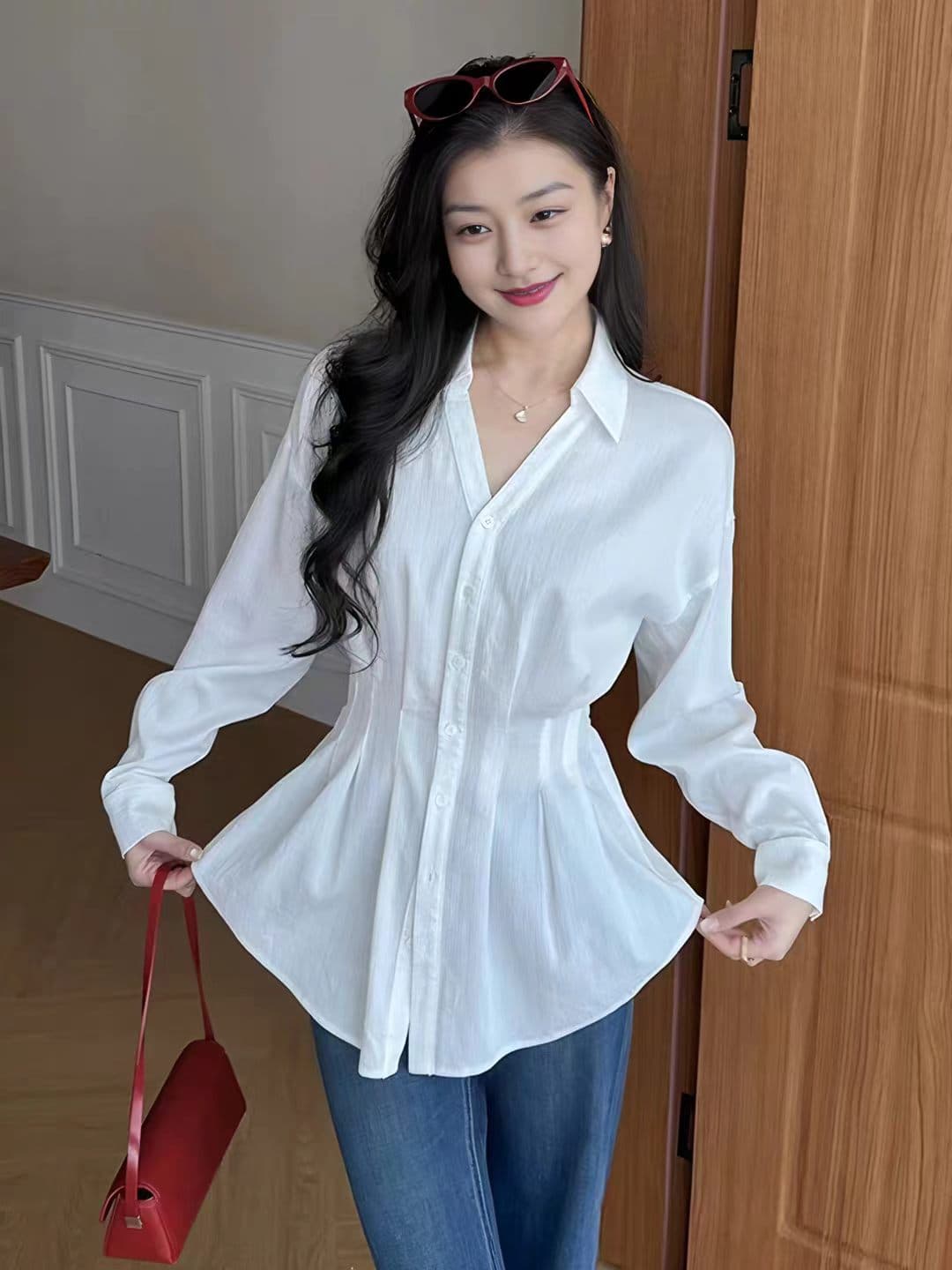 장 A 스타 감기 행침 스트랩 허리 수축 명중 Pleat 프랑스식 품격 흰 셔츠 부츠컷 청바지 여성 가을 세트 이미지 4