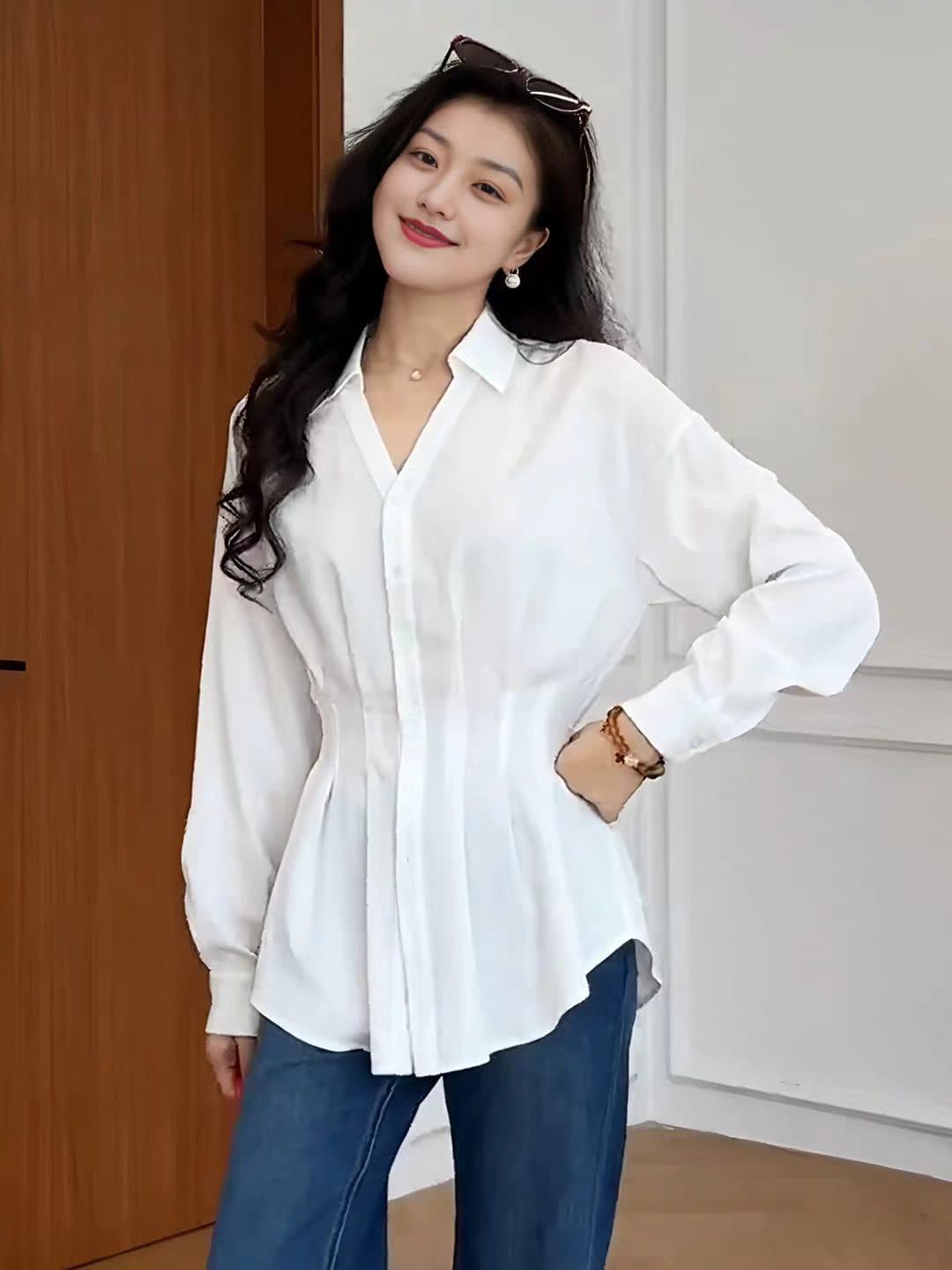 장 A 스타 감기 행침 스트랩 허리 수축 명중 Pleat 프랑스식 품격 흰 셔츠 부츠컷 청바지 여성 가을 세트 상세 이미지 1