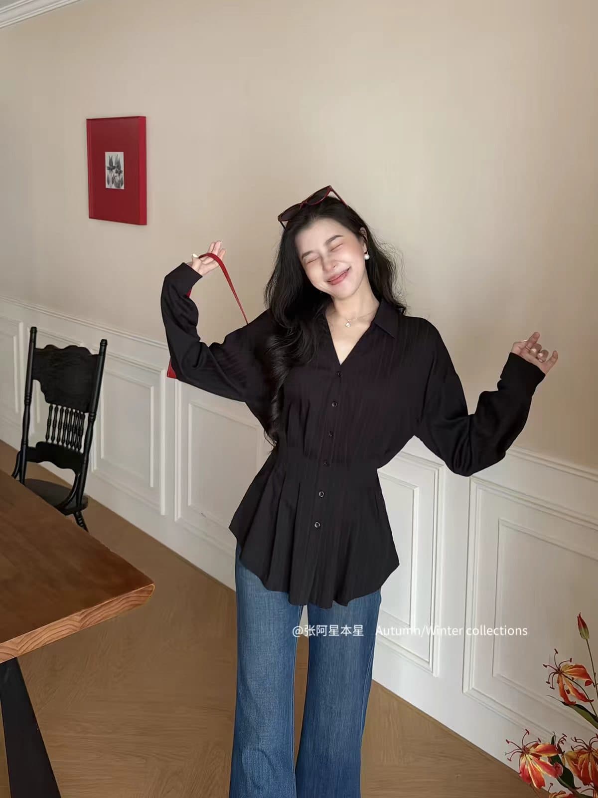 장 A 스타 감기 행침 스트랩 허리 수축 명중 Pleat 프랑스식 품격 흰 셔츠 부츠컷 청바지 여성 가을 세트 상세 이미지 2