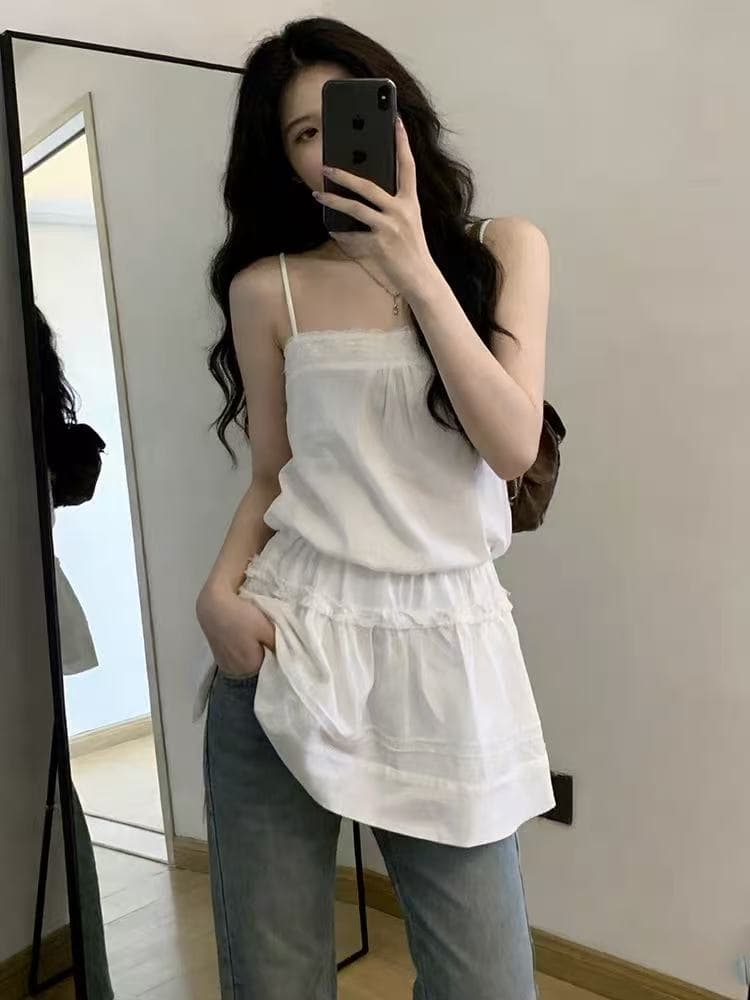 달콤함 부드러운 바람 화이트 레이스 슬립 여성 드레스 봄 새로운 품격 연령 감소 허리 수축 한 마디 짧은 치마 이미지 3